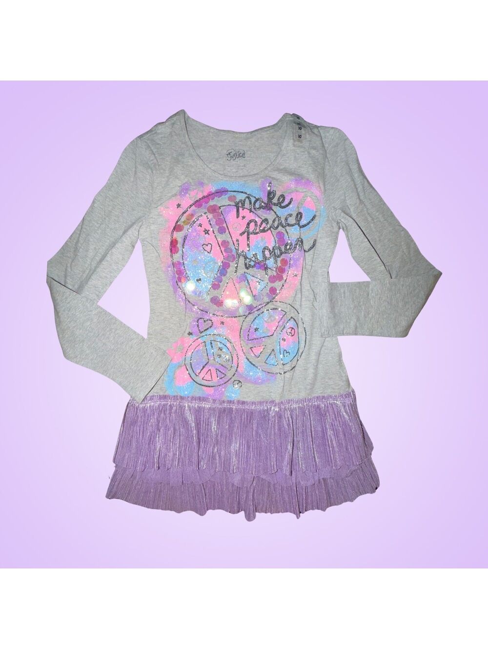 New Justice Girls Gray Long Sleeve Dress Make Peace Happen Sequin Skirt Size 10